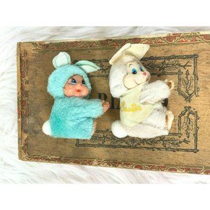 Vintage Easter Bunny Hugger Dolls Big Face Eyes Basket Clip On Vinyl Face Felt